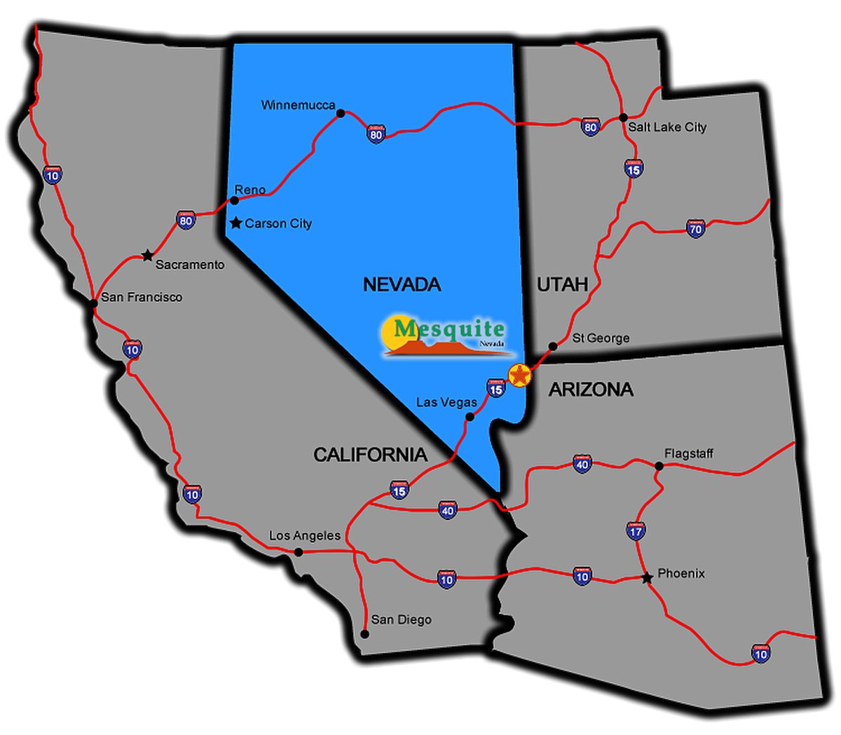 Map showing Mesquite, Nevada, near the Nevada, Arizona, Utah, and California borders
